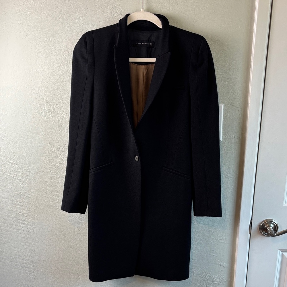 Zara Coat Black Tailored Single Button  Size XS Mid-length Minimalist